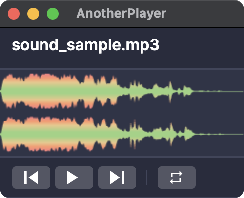 AnotherPlayer as a small, compact mini player window: file name, stereo waveform, and playback controls